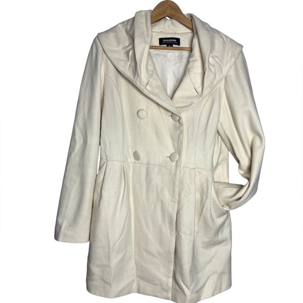 CoffeeShop Cream Wool Blend Cowl Neck Double Breasted Peacoat, Size L